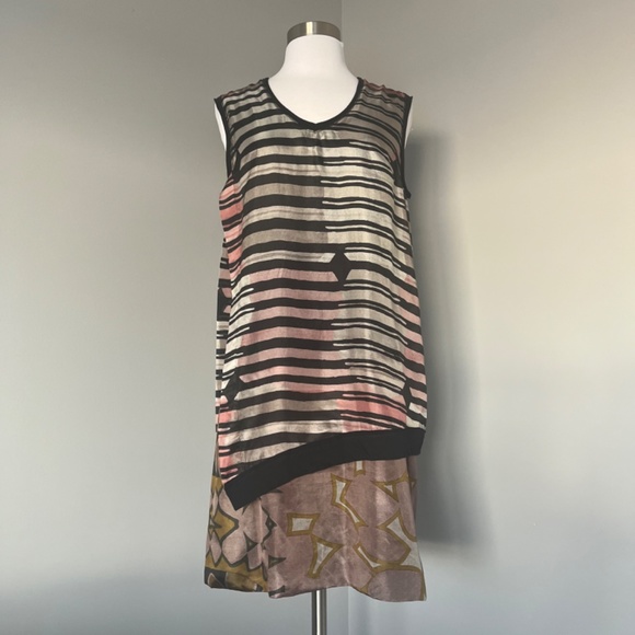 Alysi Silk Floral Striped A-line Cocktail Sleeveless Abstract Italy Dress - Picture 8 of 13